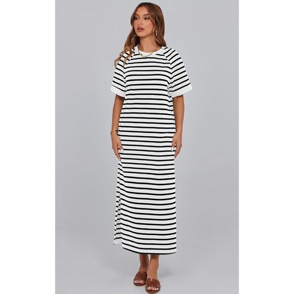 Women's Summer Cotton-Polyester Striped Maxi Dress with Pockets and Slit - Picture 6 of 8